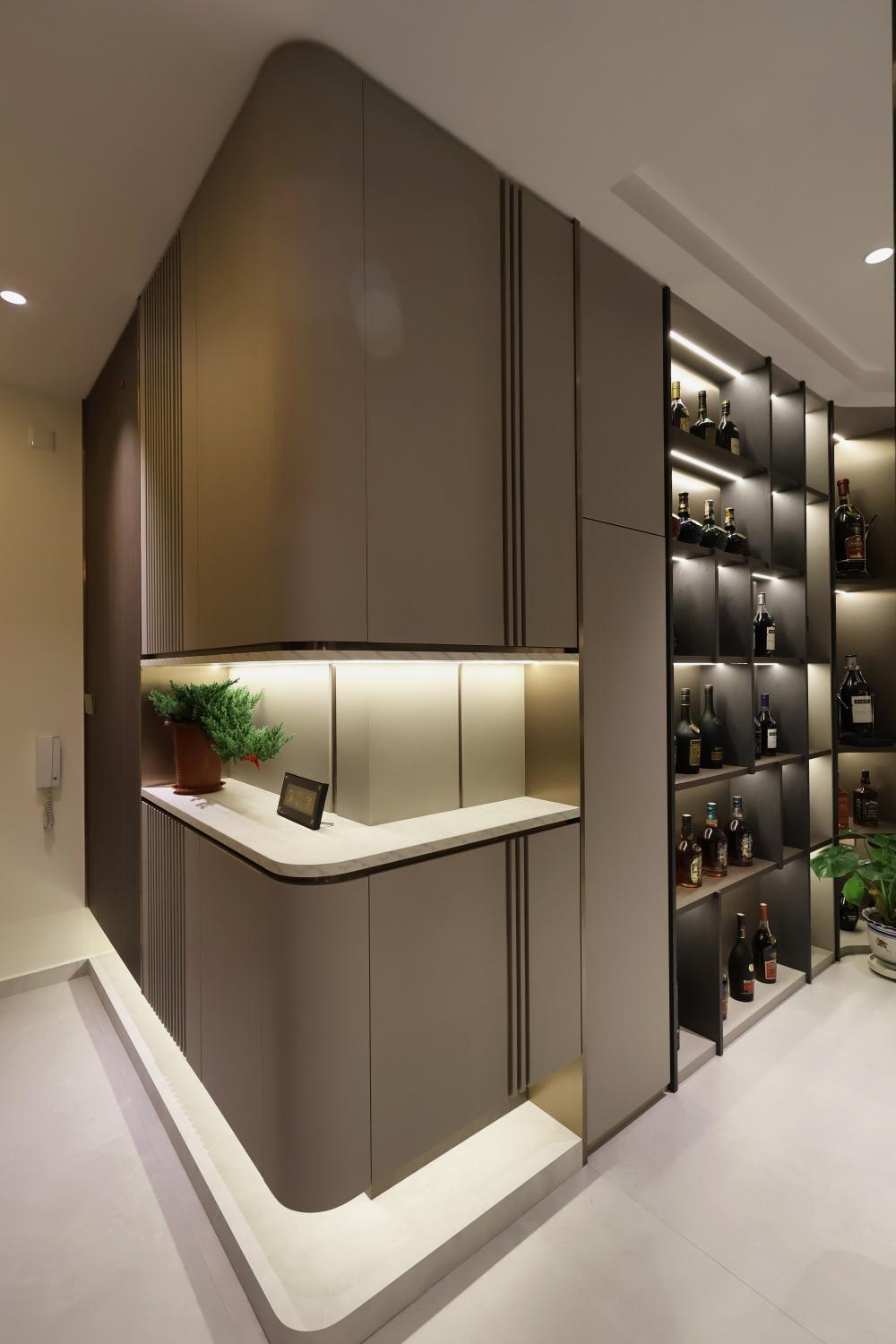 Contemporary Hallway with Paintings and Small Storage