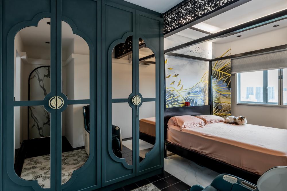Asian Bedroom with Herringbone Tiling and Wood Flooring