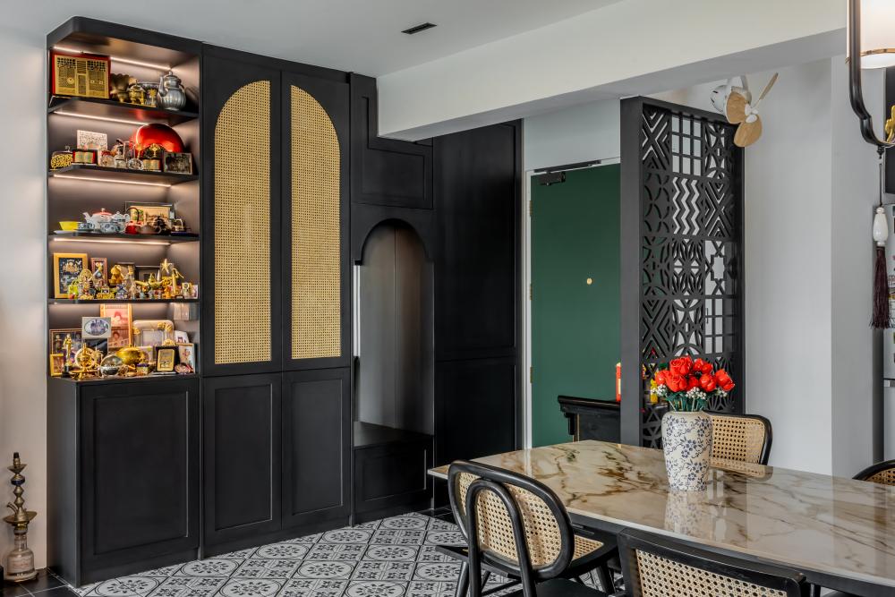 Asian Entryway with Mirror and Seating Bench