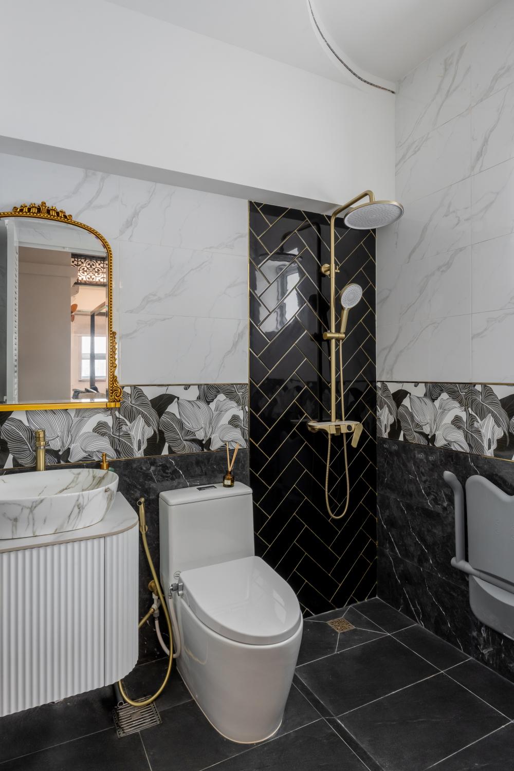 Asian Bathroom with Mirror and Bathtub