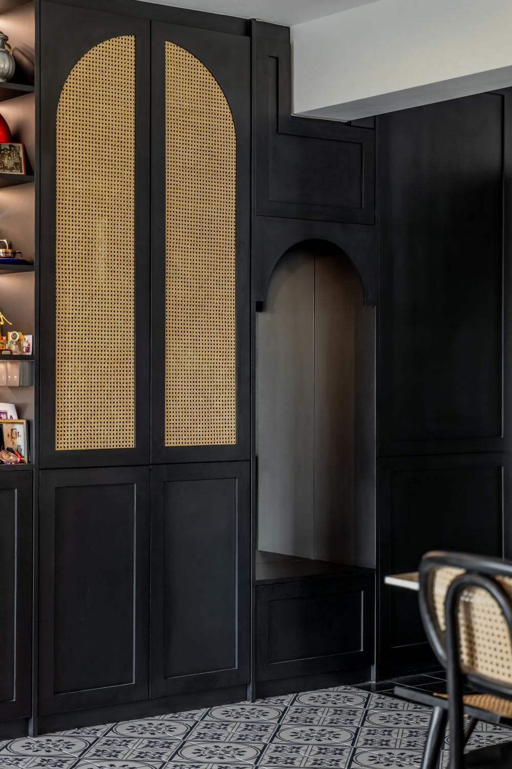 Asian Entryway with Mirror and Seating Bench
