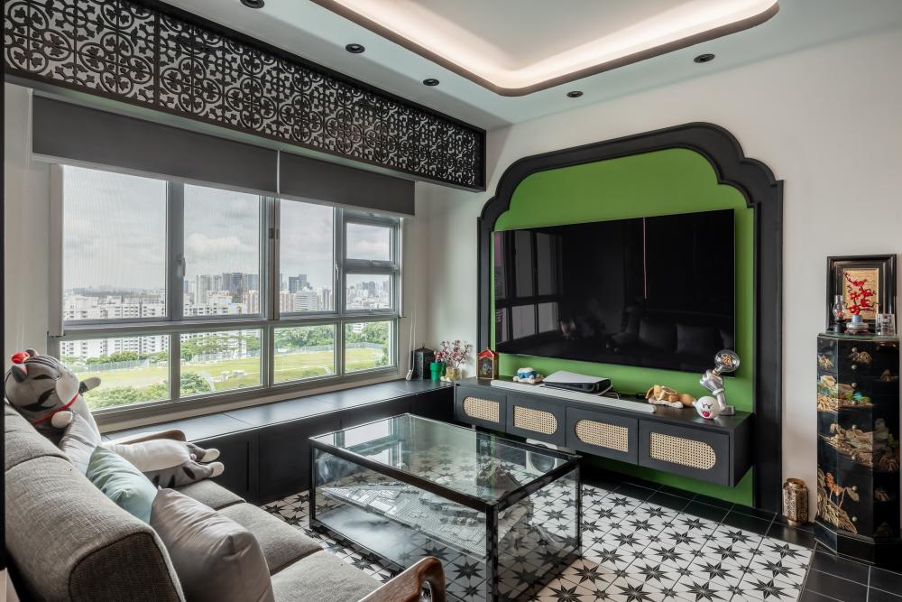 Asian Living Room with Wood Flooring and TV Console