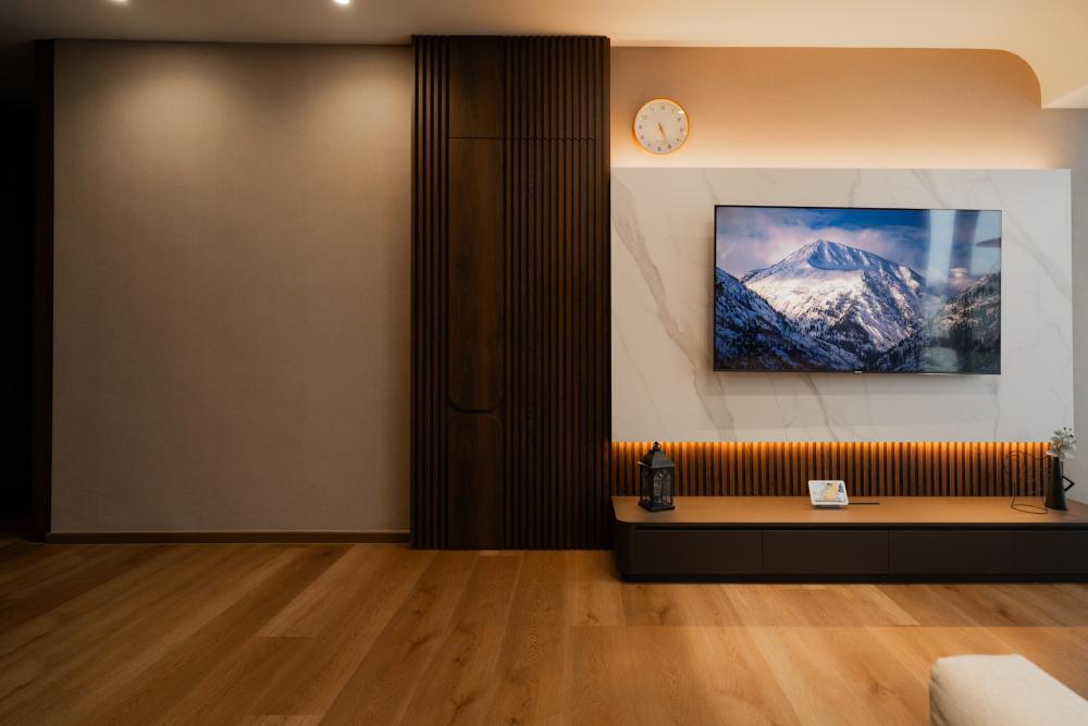 Modern Living Room with TV Console and Drop Light