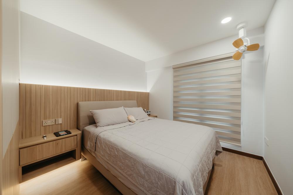 Minimalist Bedroom with Vinyl Flooring and Roller Blinds