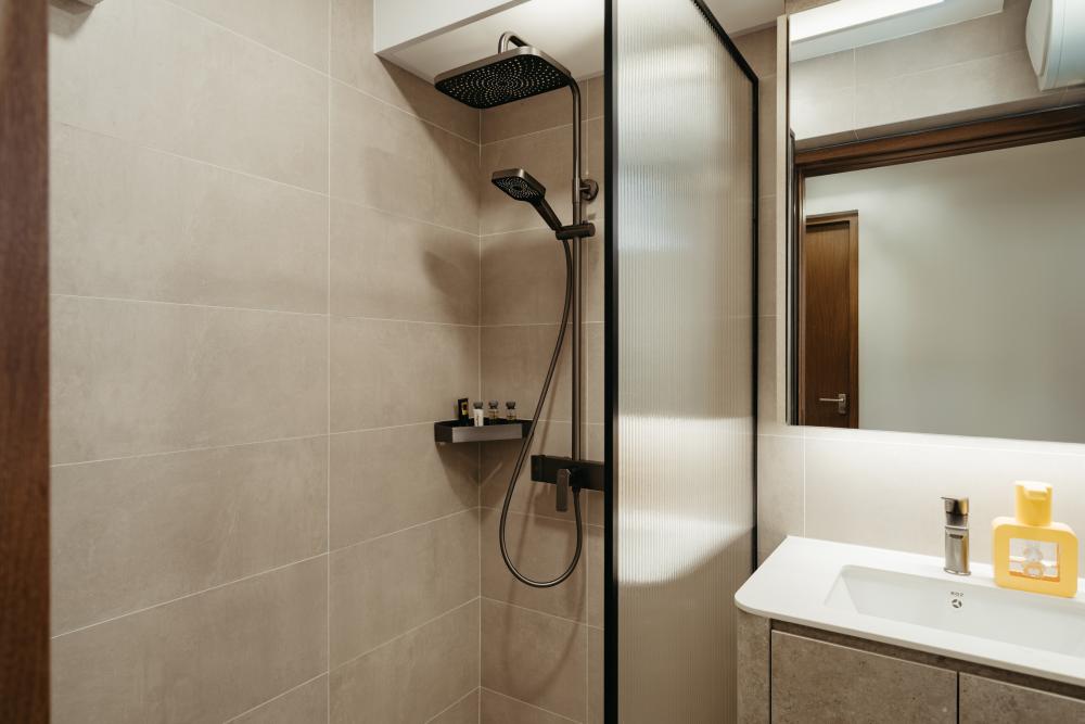 Minimalist Bathroom with Shower Screen and Bathroom Storage
