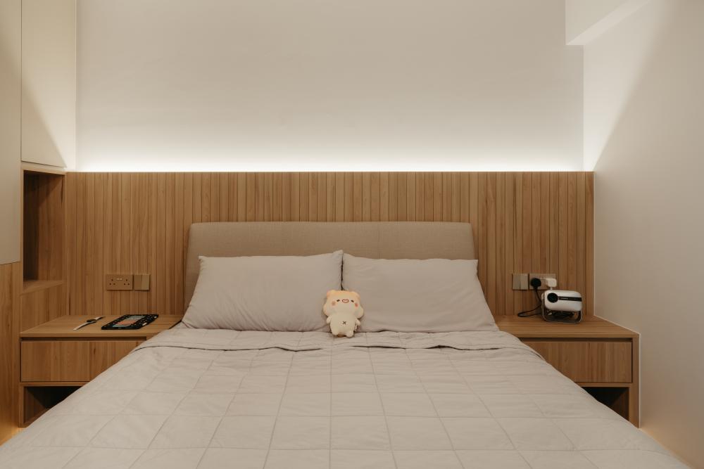 Minimalist Bedroom with Bedside Table and Projector