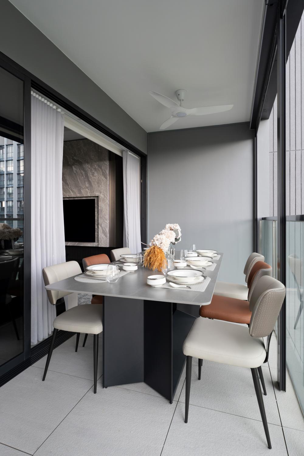 Contemporary Balcony with Window Seat and Window Shutters