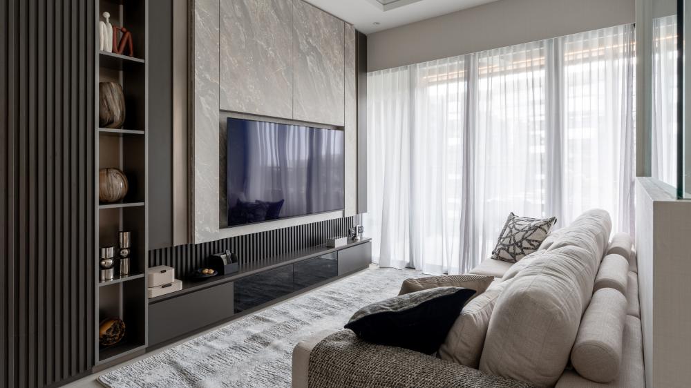 Contemporary Living Room with TV Console and Mirror