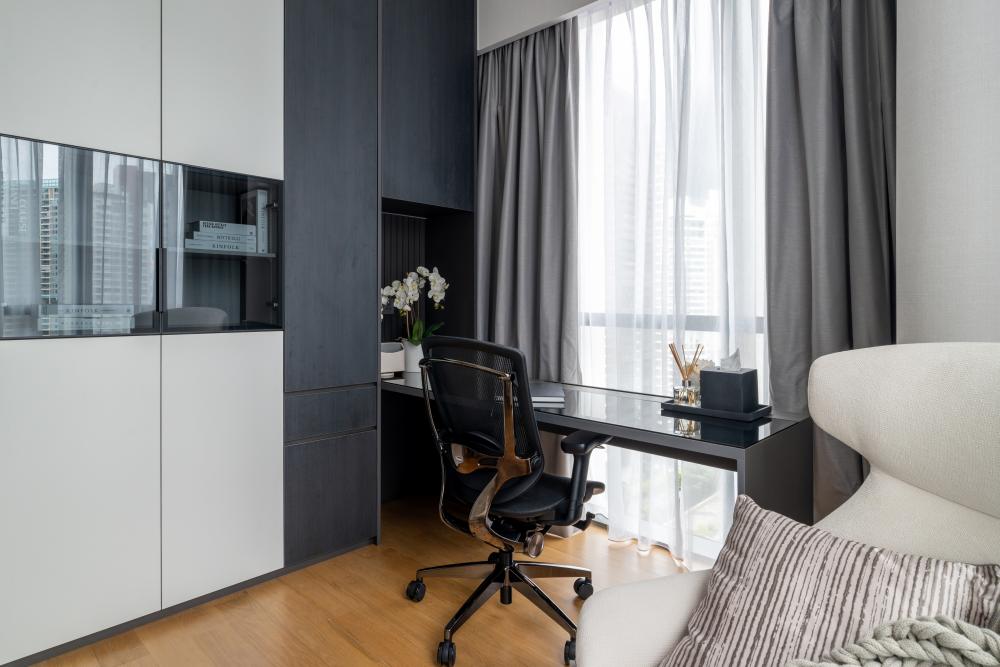 Contemporary Home Gym with Storage Cabinets and Gym Equipment