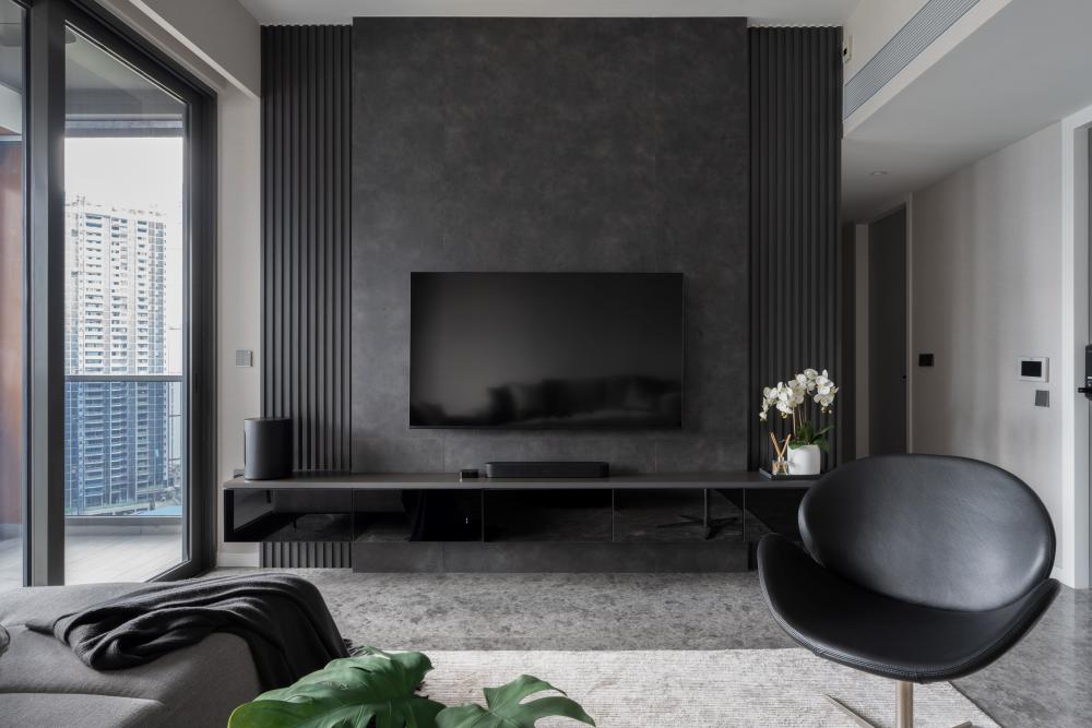 Contemporary Living Room with TV Console and Feature Wall