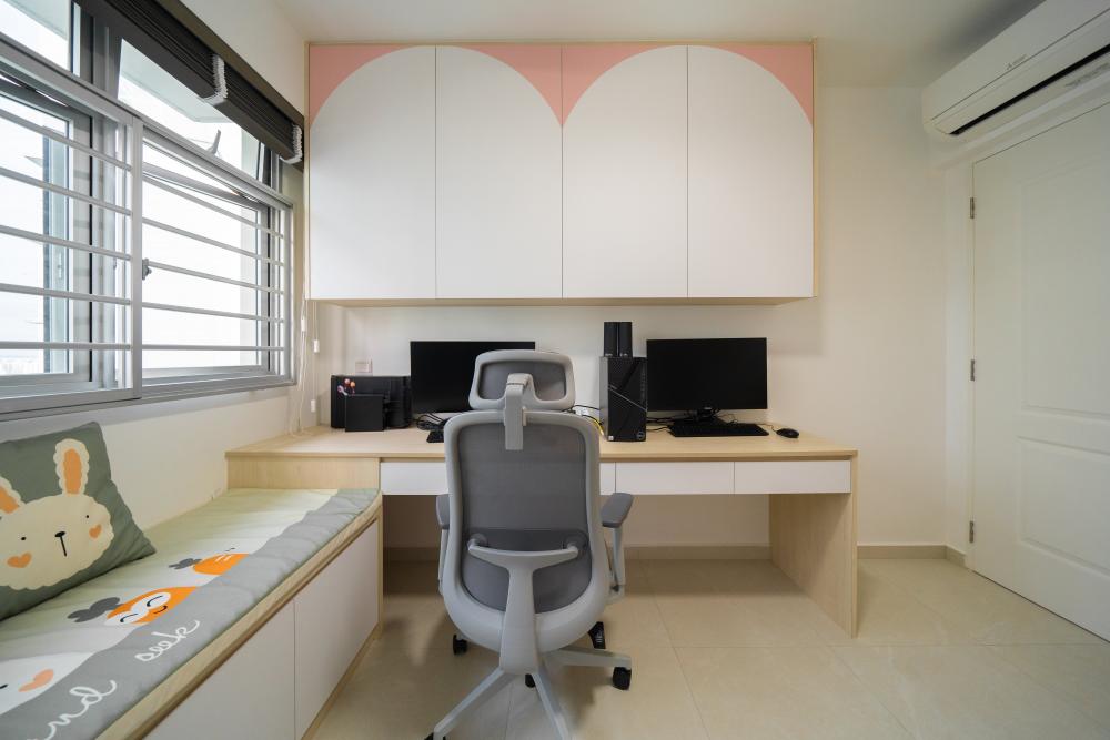 Minimalist Bedroom with Bookshelf and Bay Window