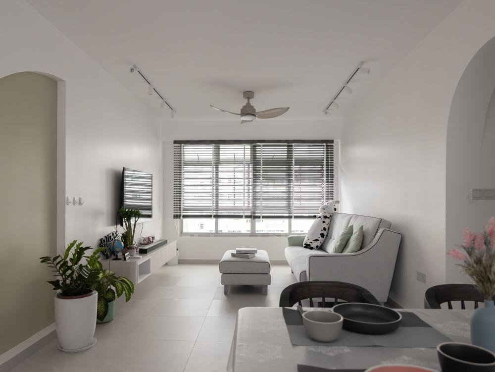 Minimalist Living Room with Sofa and Display Cabinets