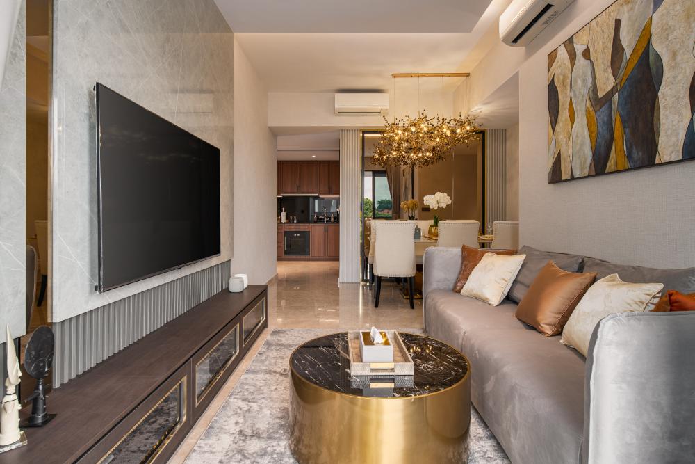 Modern Home Theatre with TV Console and Propeller Fan