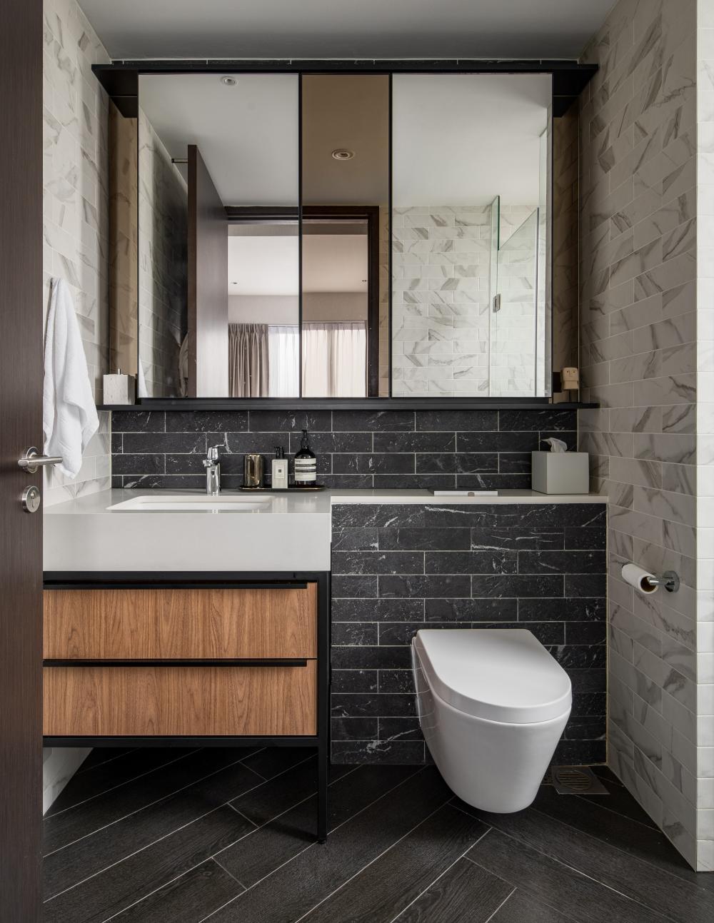 Modern Bathroom with Cement Floor and Mirror
