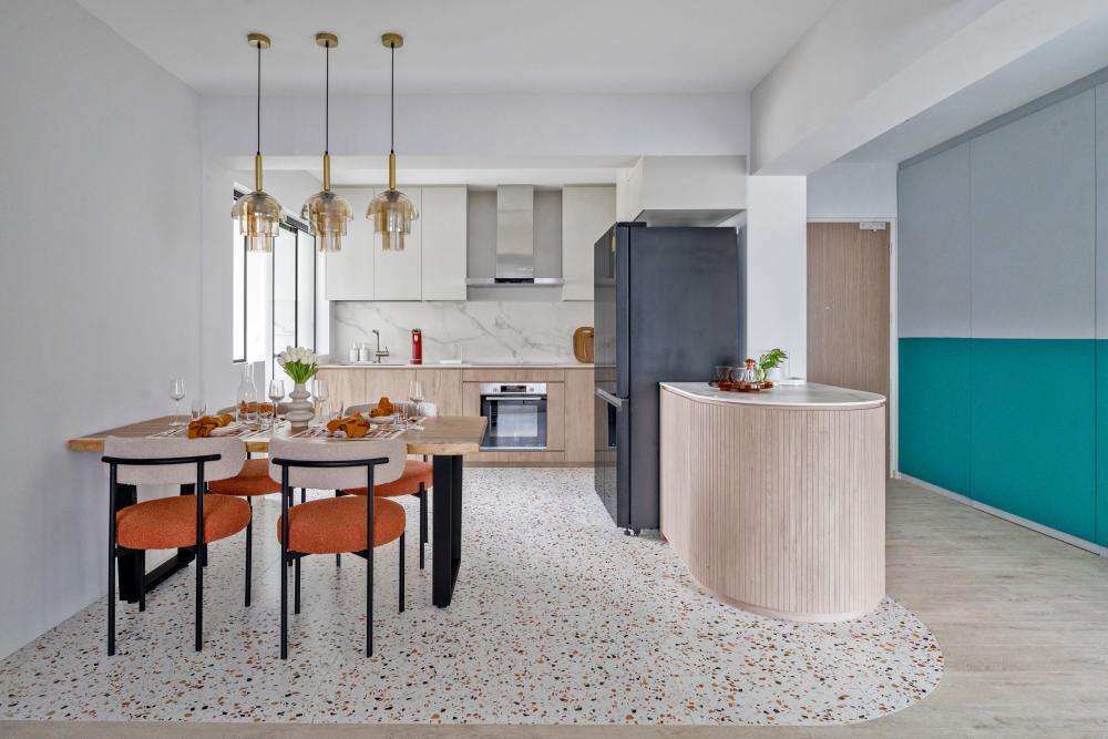 Scandinavian Kitchen with Granite Floor and Mosaic