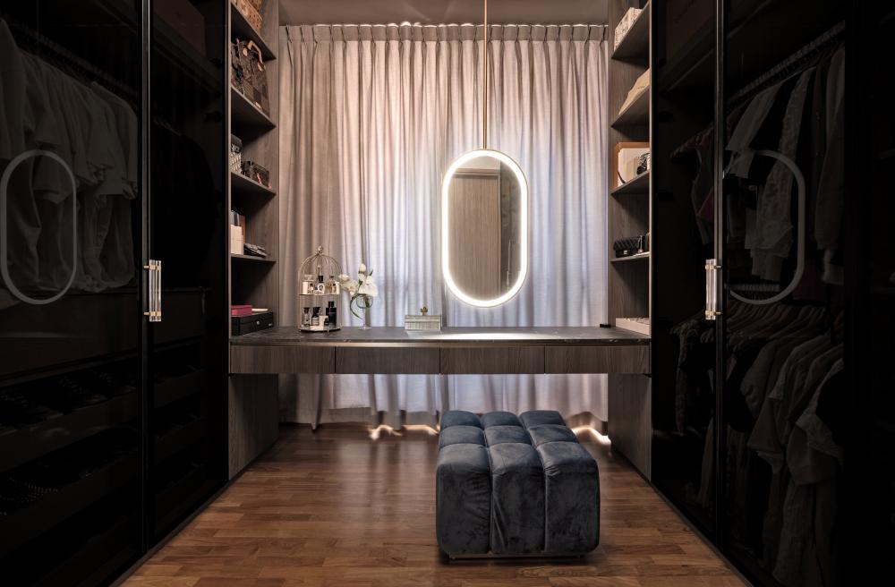 Modern Bedroom with Parquet Floor and Drop Light