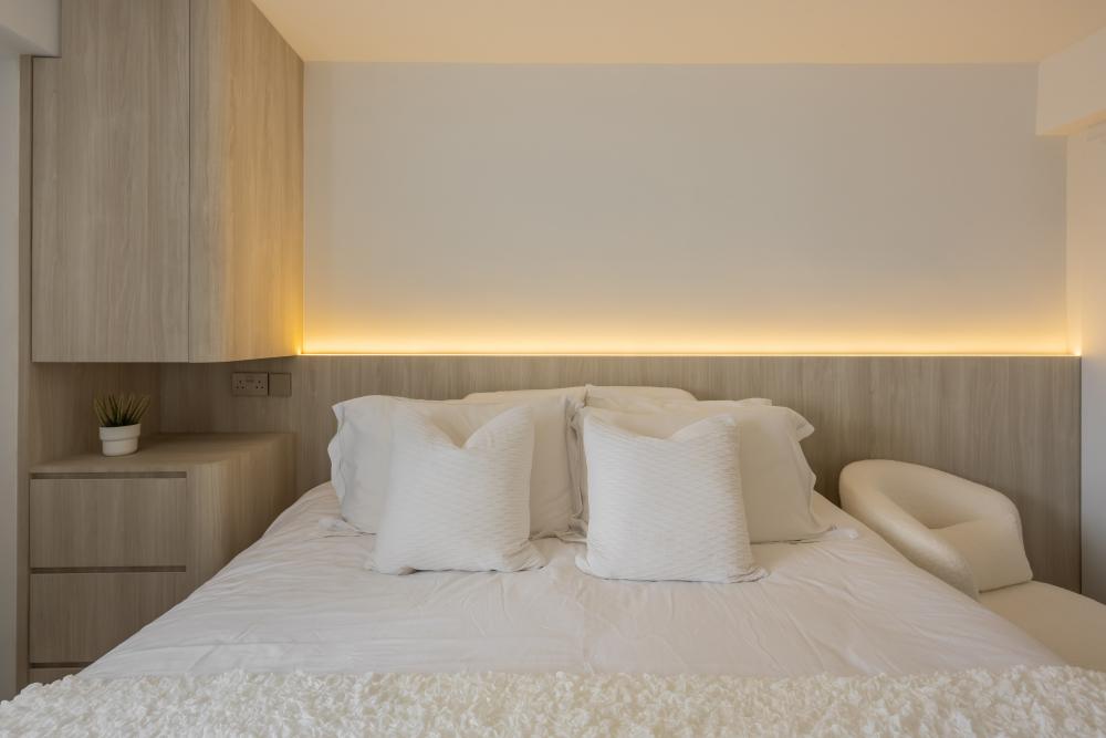 Minimalist Bedroom with Chandelier and Children's Beds
