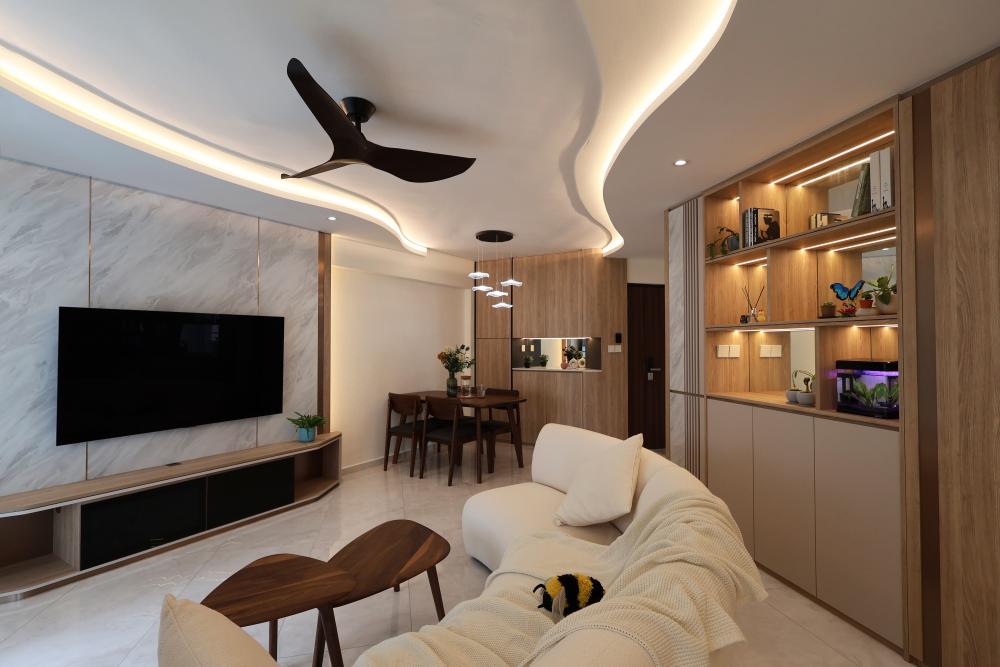 Contemporary Living Room with TV Console and Drop Ceiling
