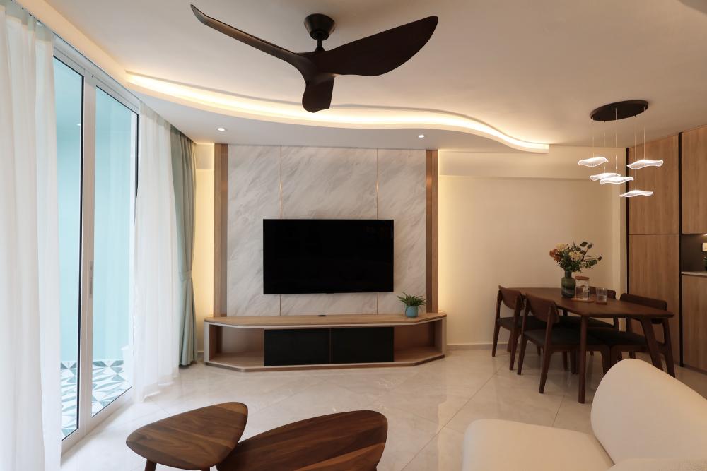 Contemporary Living Room with TV Console and Drop Ceiling