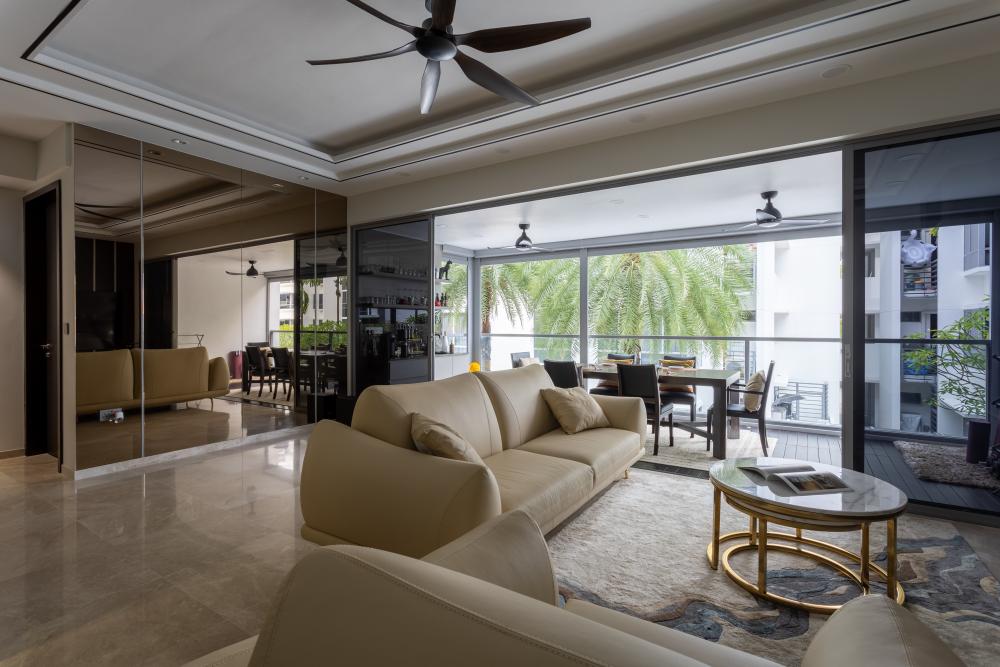 Modern Living Room with Marble Floor and Mirror