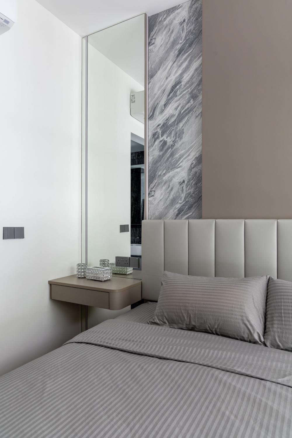 Modern Bedroom with Parquet Floor and Feature Wall