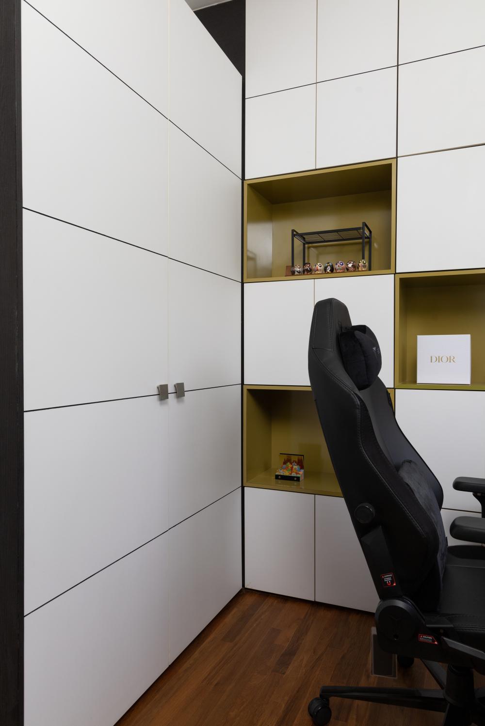 Modern Bedroom with Parquet Floor and Drop Ceiling