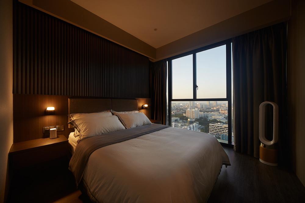 Modern Bedroom with Parquet Floor and Drop Ceiling