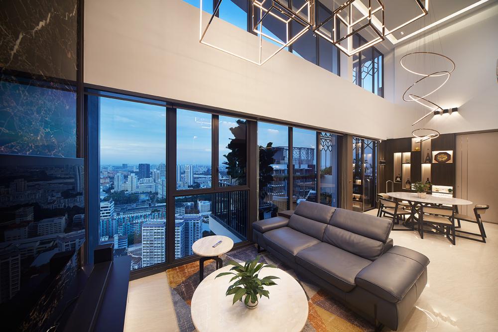 Modern Living Room with Homogeneous Tiles and TV Console