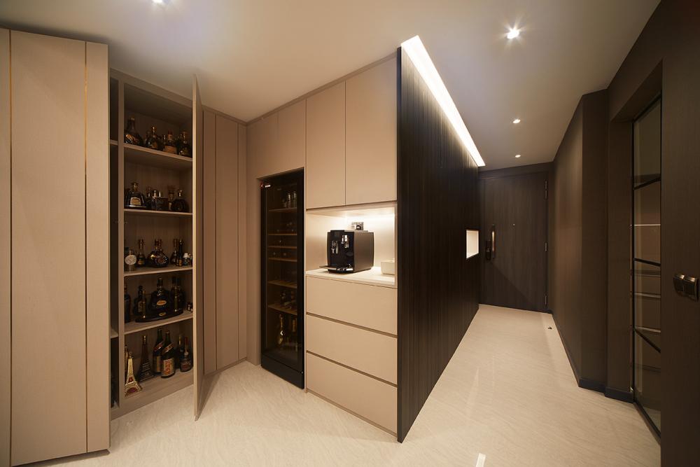 Modern Home Bar with Cove Lighting and Storage Cabinets