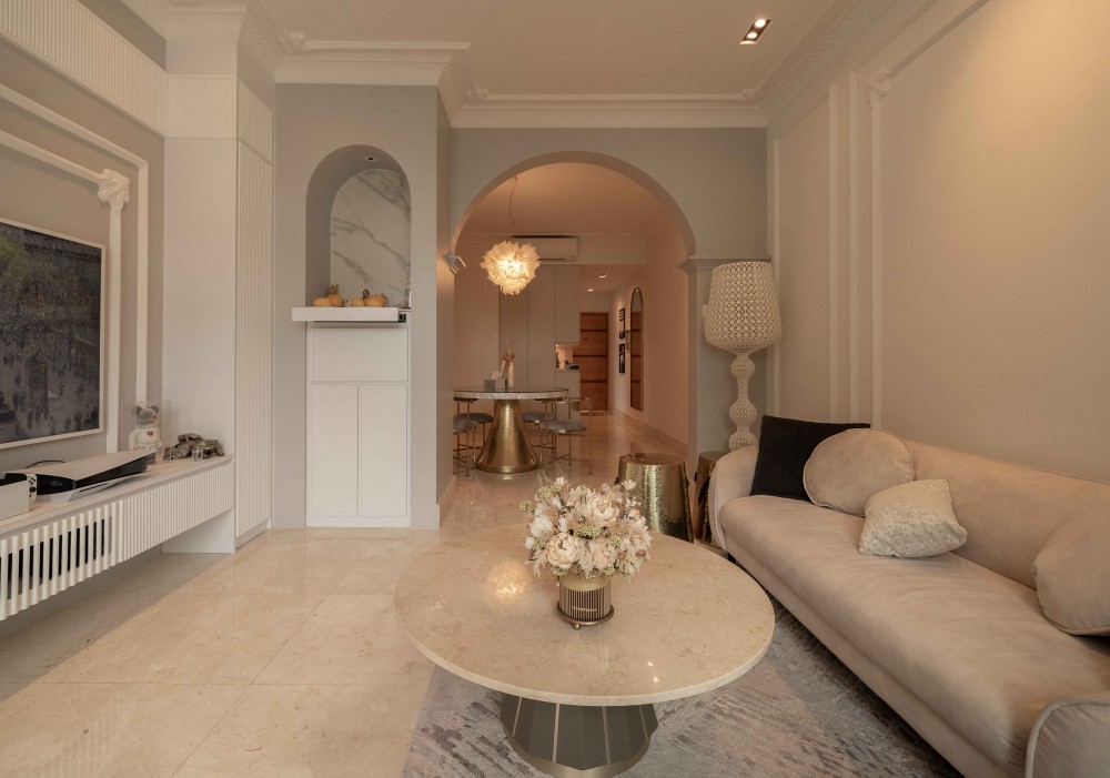 Vintage Living Room with Feature Wall and Chandelier