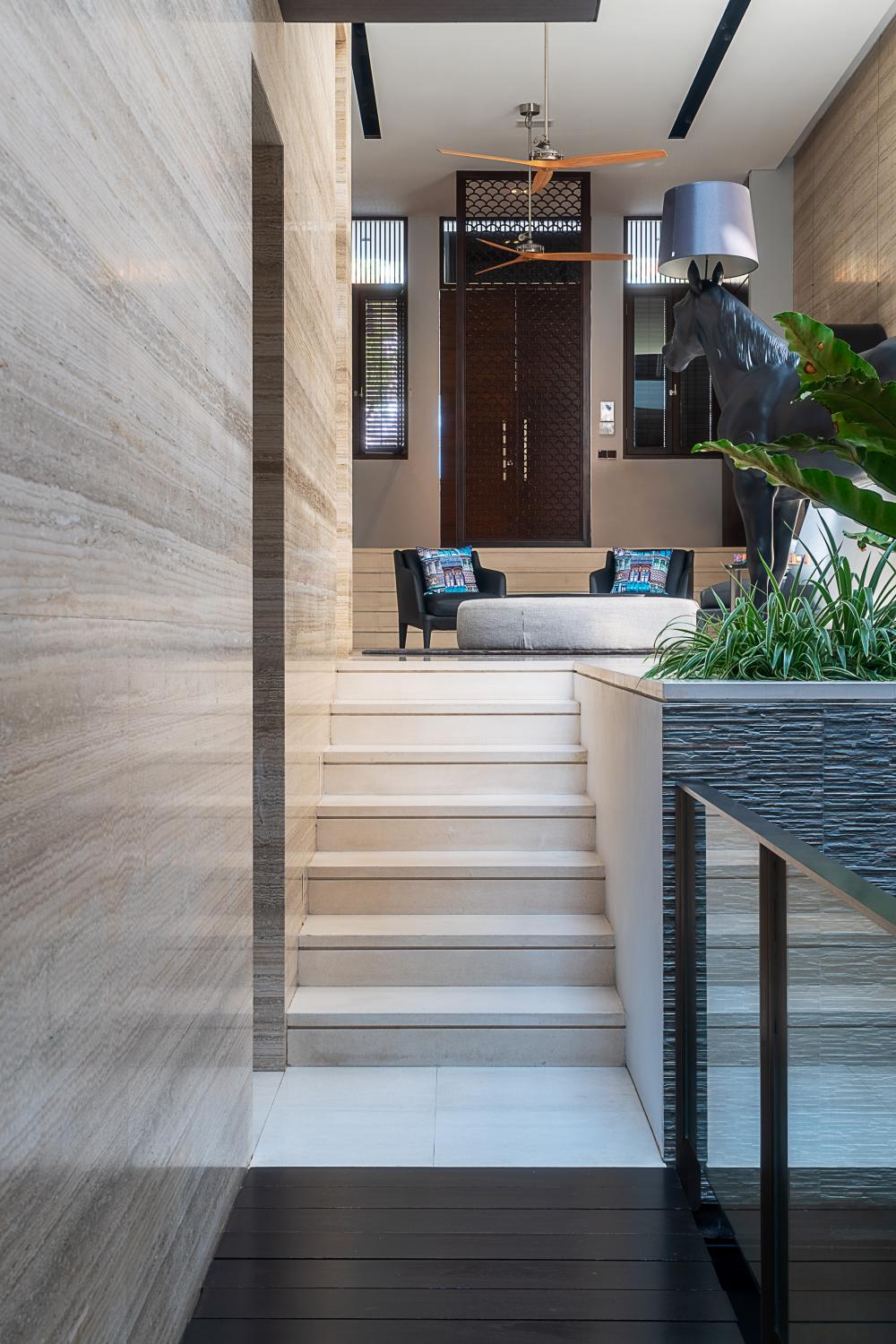 Contemporary Hallway with Parquet Floor and Staircase