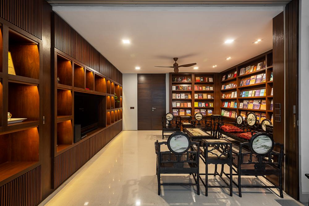 Contemporary Basement with Bookshelf and Vinyl Flooring