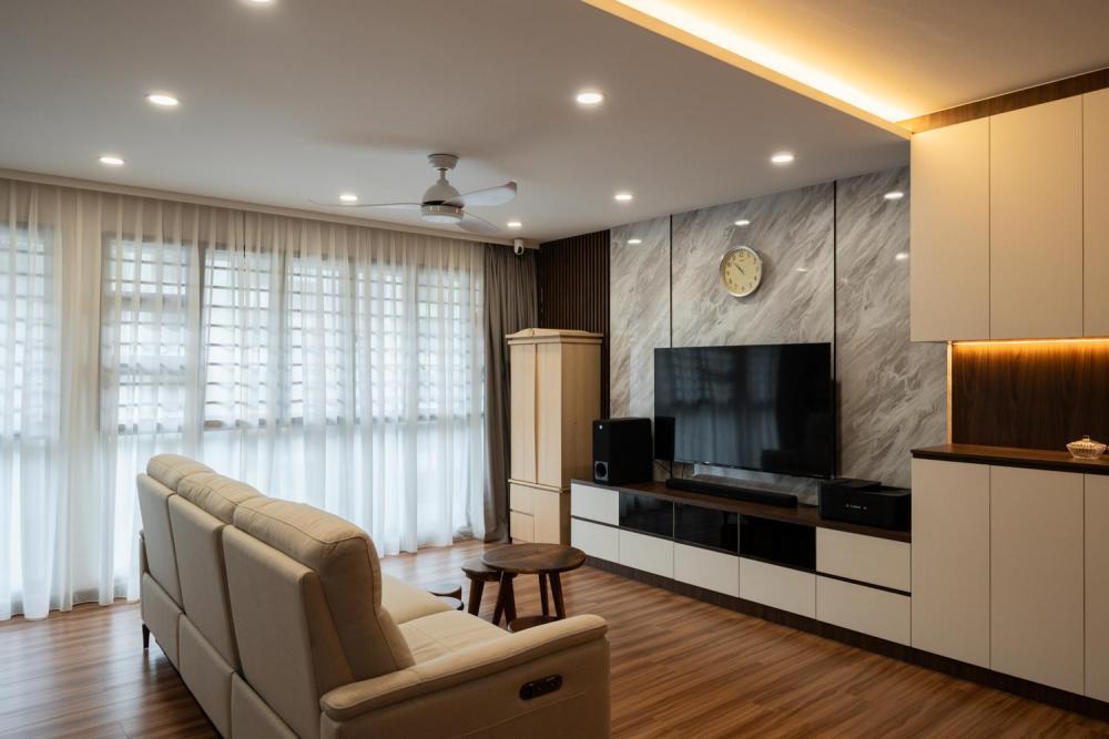 Modern Living Room with Vinyl Flooring and Feature Wall