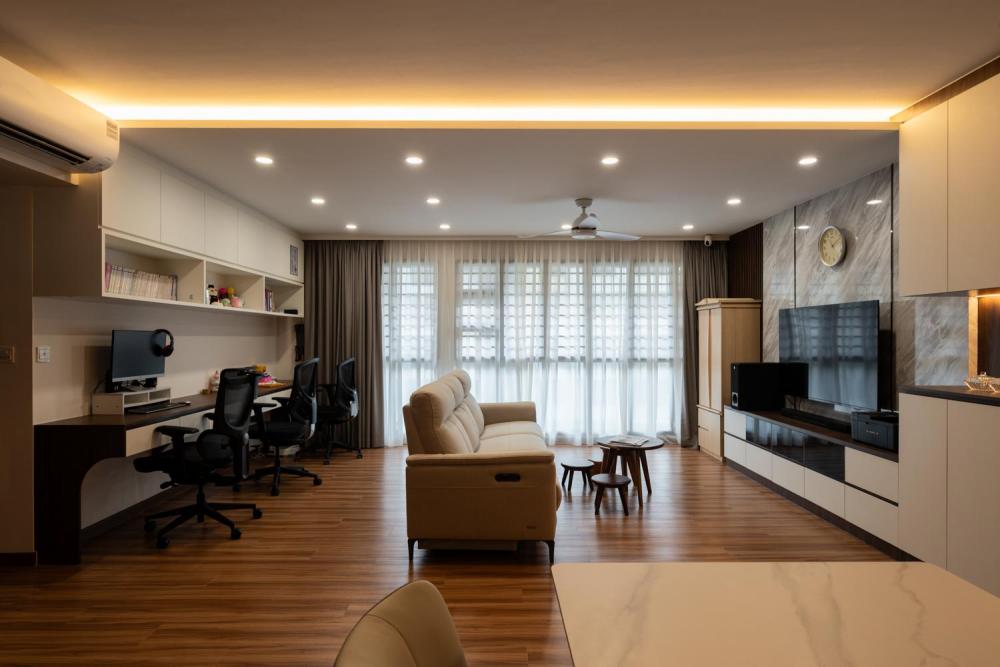 Modern Living Room with Vinyl Flooring and Feature Wall