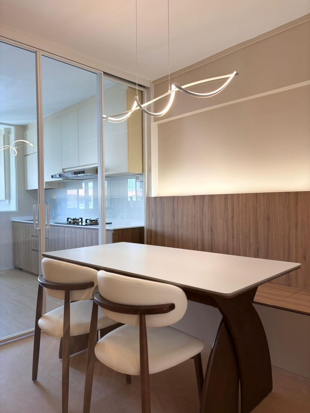 Contemporary Dining Room with Settee and Drop Light