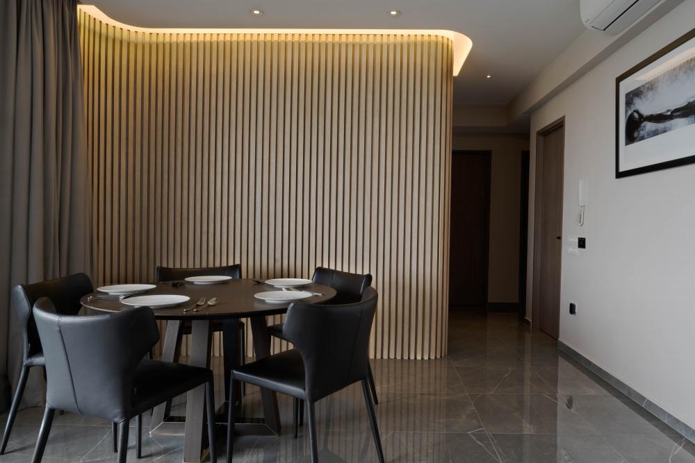 Contemporary Dining Room with Marble Floor and Ceiling Light