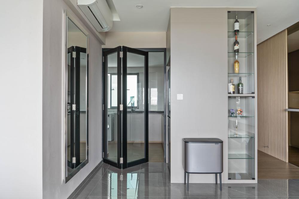 Contemporary Hallway with Bookshelf and Mirror
