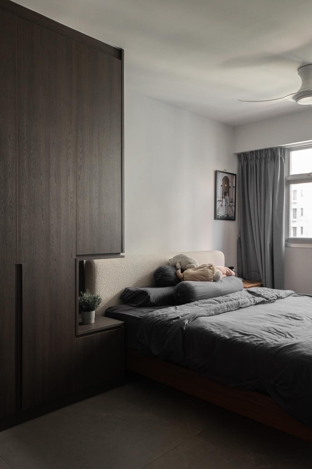 Modern Bedroom with Bookshelf and Platform Bed