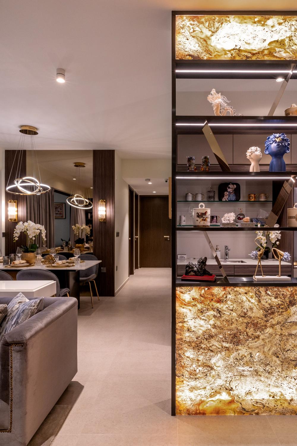 Modern Basement with Wall Shelves and Shelving Units
