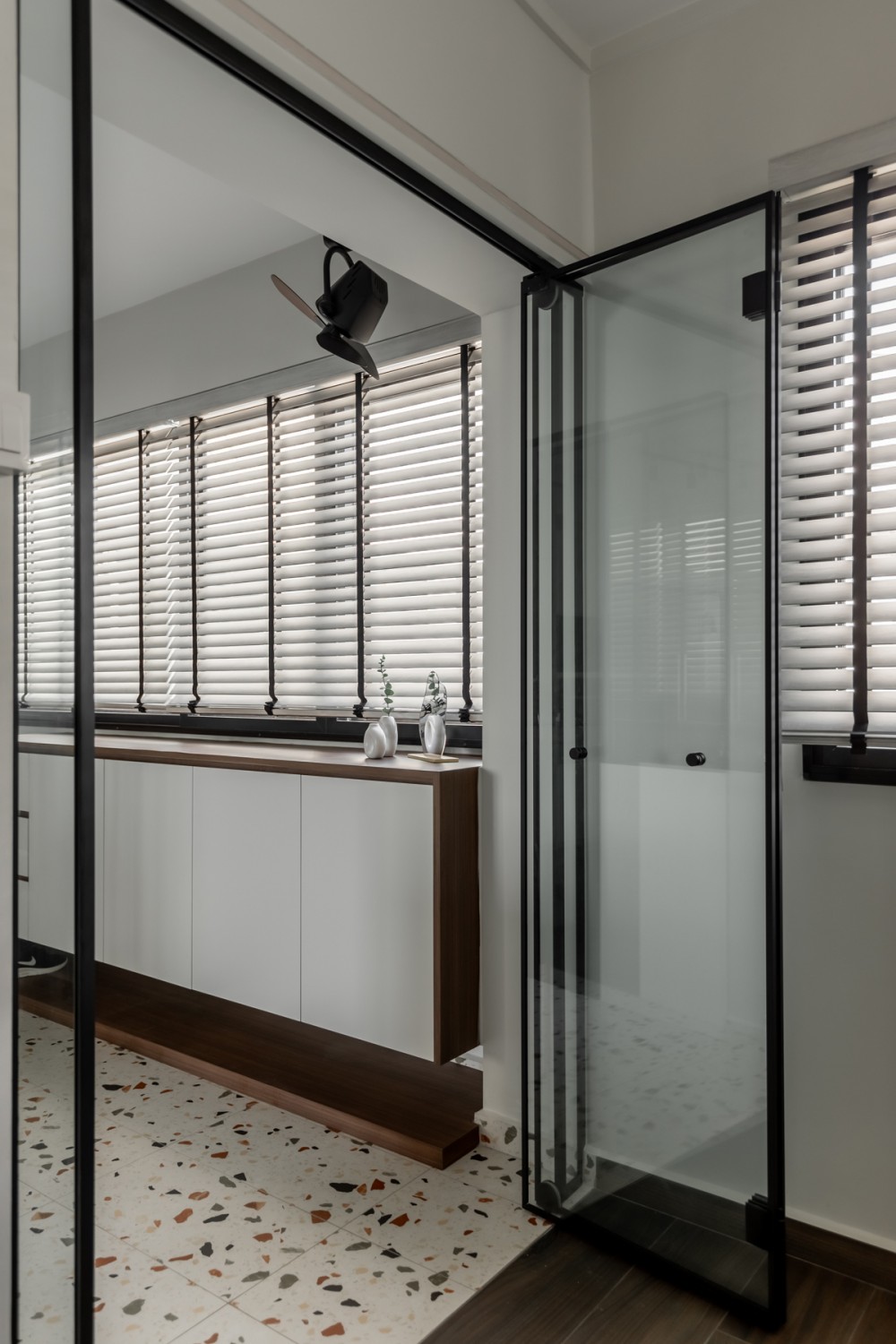 Modern Entryway with Glass Door and Seating Bench
