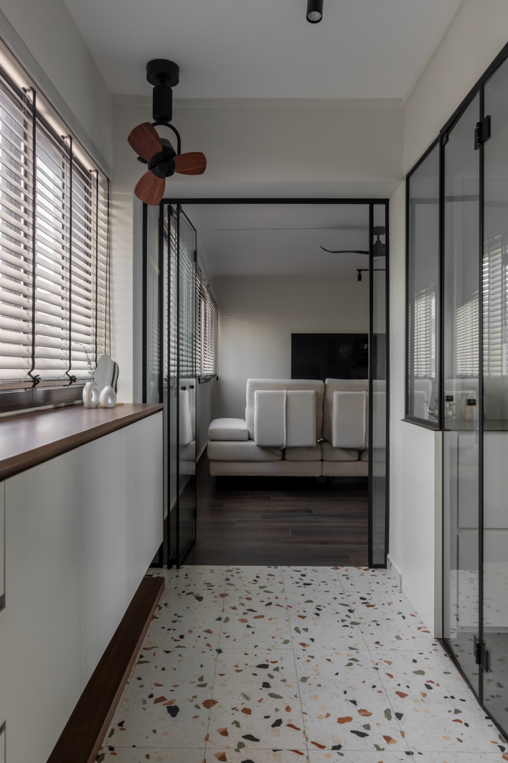 Modern Entryway with Glass Door and Seating Bench