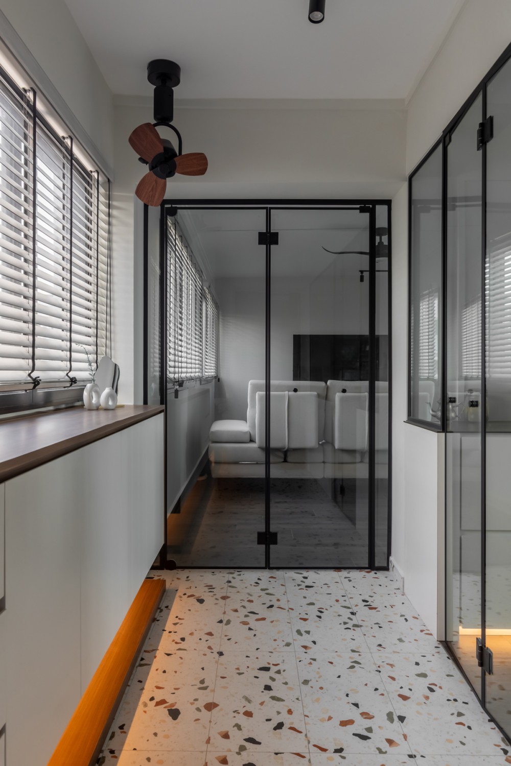 Modern Entryway with Glass Door and Seating Bench