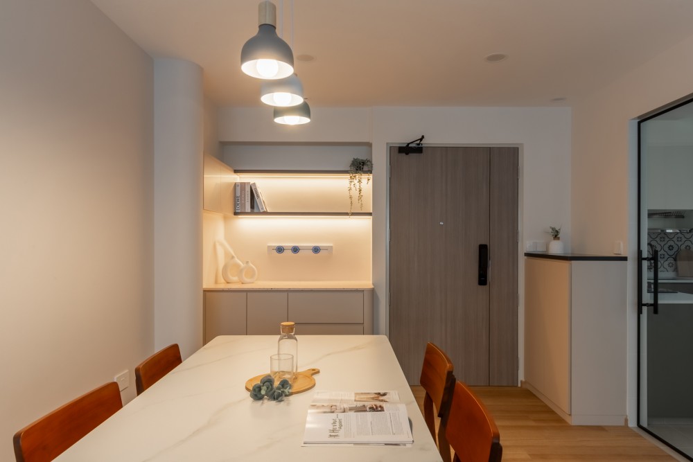 Contemporary Dining Room with Glass Door and Dining Table