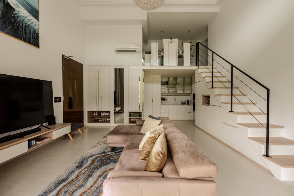 Contemporary Living Room with TV Console and Staircase