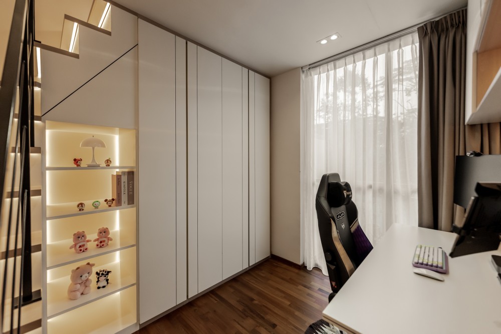 Contemporary Bedroom with Bookshelf and Wood Flooring