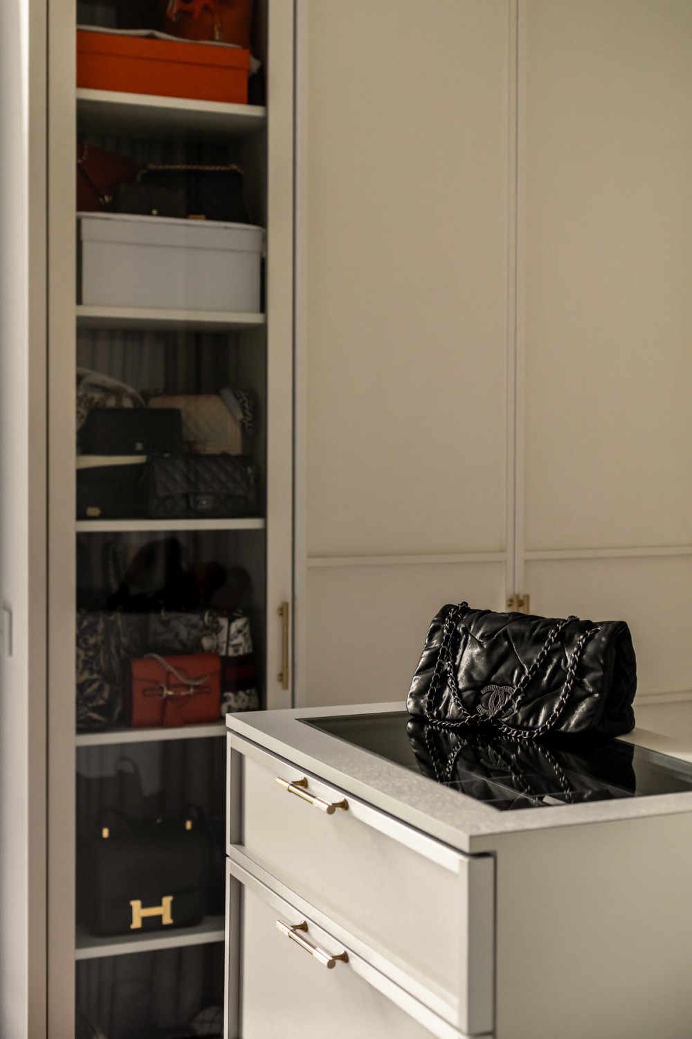 Contemporary Walk-in Wardrobe with Feature Wall and Wardrobe