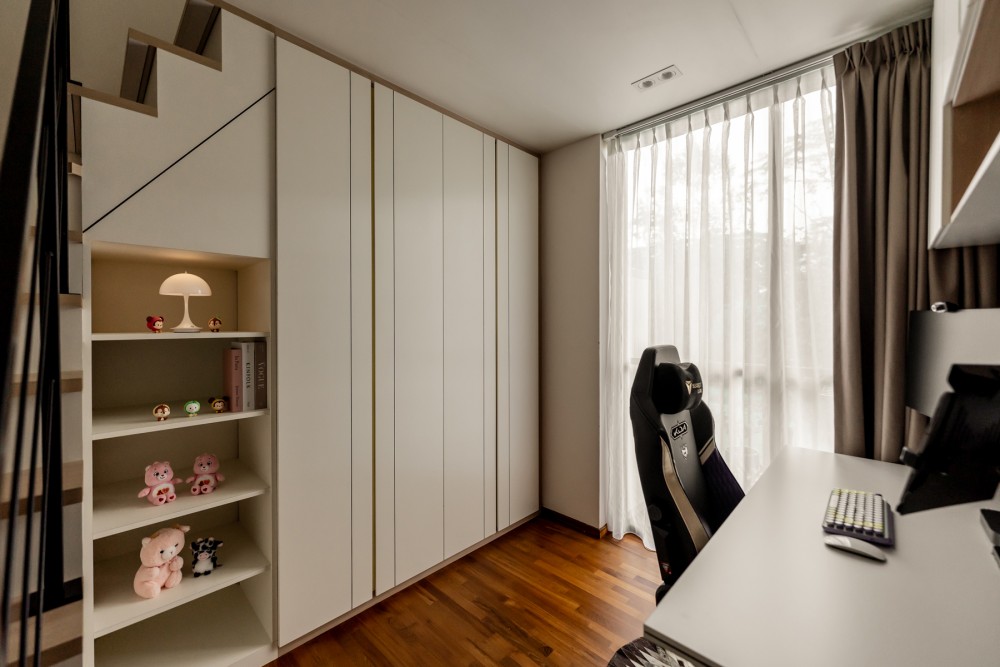Contemporary Bedroom with Bookshelf and Wood Flooring