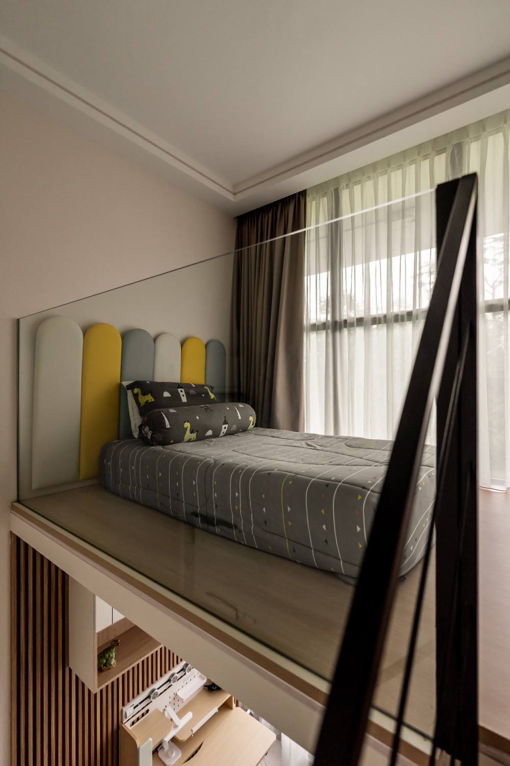 Contemporary Bedroom with Feature Wall and Staircase
