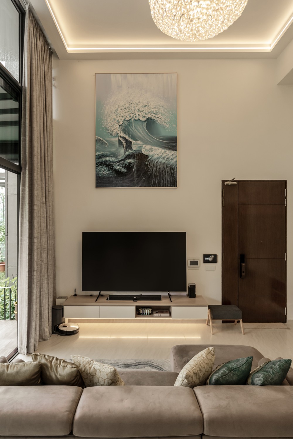 Contemporary Living Room with TV Console and Chandelier