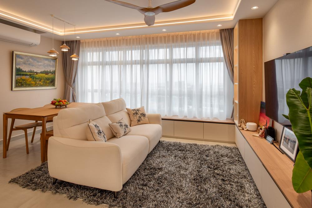 Scandinavian Living Room with Homogeneous Tiles and TV Console